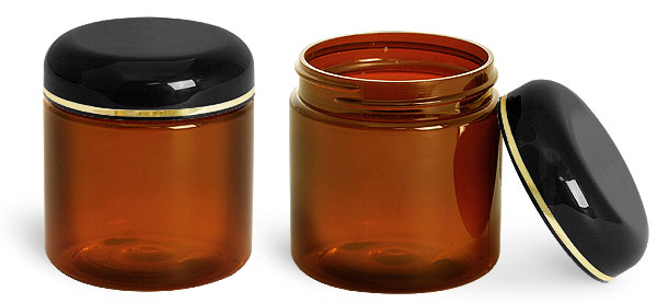 4 oz Amber PET Straight Sided Jars w/ Lined Black Dome Caps with Gold Band