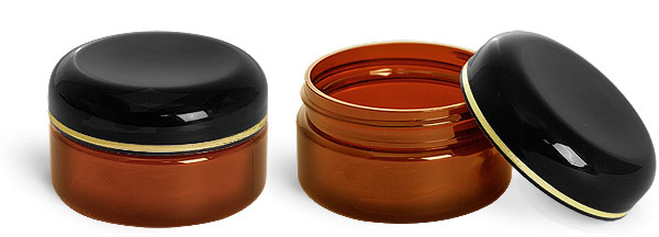 2 oz Amber PET Heavy Wall Jars w/ Lined Black Dome Caps with Gold Band