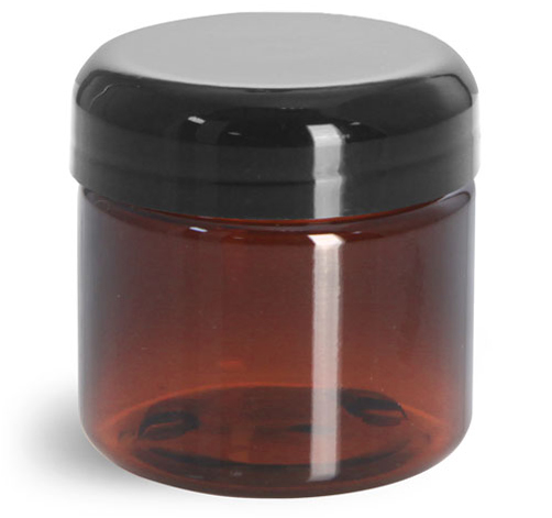 2 oz Plastic Jars, Amber PET Straight Sided Jars w/ Lined Black Dome Caps