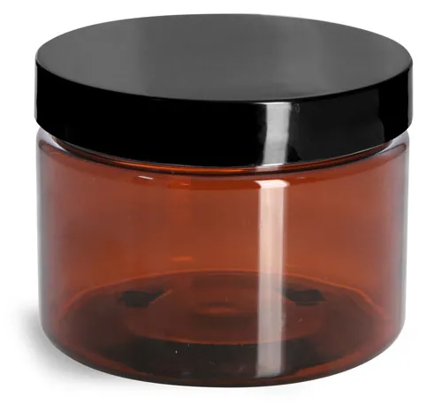 12 oz Amber PET Straight Sided Jars w/ Black Smooth Lined Caps