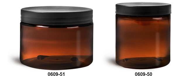 Plastic Jars, Amber PET Straight Sided Jars w/ Frosted Black Lined Plastic Caps