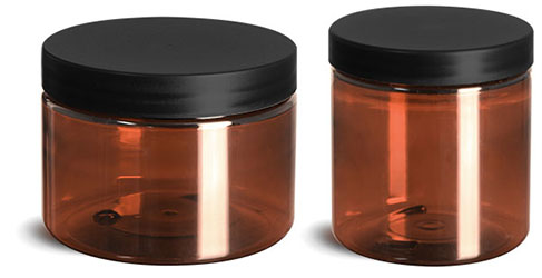 PET Plastic Jars, Amber Straight Sided Jars w/ Frosted Black Lined Plastic Caps