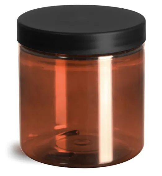 8 oz Plastic Jars, Amber PET Straight Sided Jars w/ Frosted Black Lined Caps