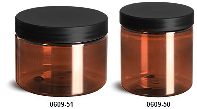 Plastic Jars, Amber PET Straight Sided Jars w/ Frosted Black Lined Plastic Caps