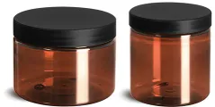 PET Plastic Jars, Amber Straight Sided Jars w/ Frosted Black Lined Plastic Caps