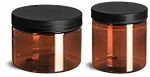 PET Plastic Jars, Amber Straight Sided Jars w/ Frosted Black Lined Plastic Caps