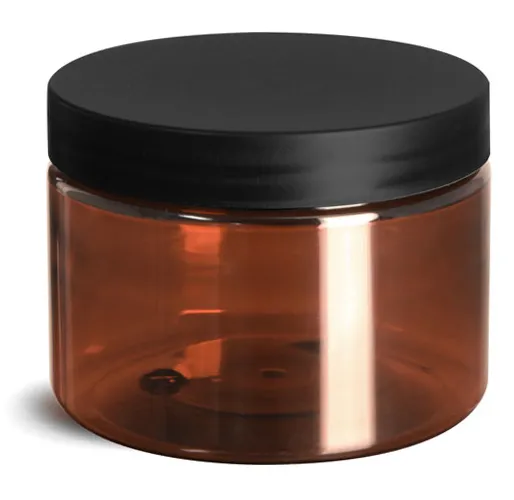 12 oz Plastic Jars, Amber PET Straight Sided Jars w/ Frosted Black Lined Caps