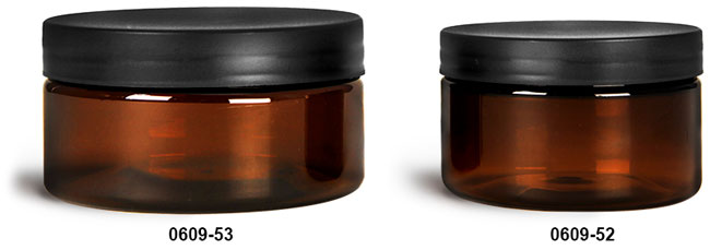 Plastic Jars, Amber PET Heavy Wall Jars w/ Frosted Black Lined Plastic Caps
