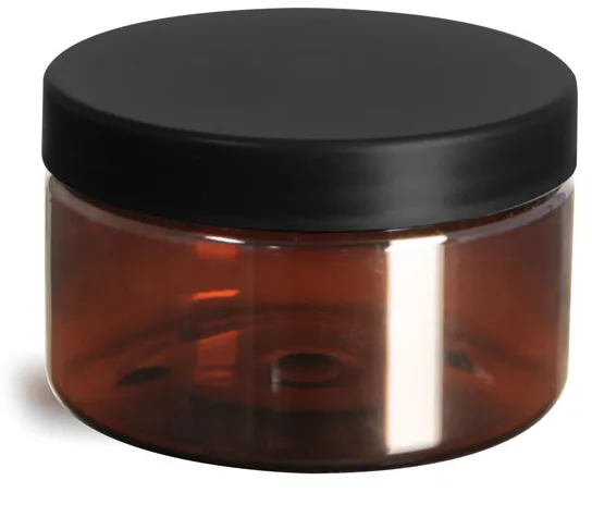 4 oz Plastic Jars, Amber PET Heavy Wall Jars w/ Frosted Black Lined Caps