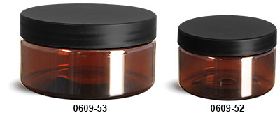 Plastic Jars, Amber PET Heavy Wall Jars w/ Frosted Black Lined Plastic Caps