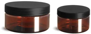PET Plastic Jars, Amber Heavy Wall Jars w/ Frosted Black Lined Plastic Caps