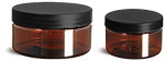 PET Plastic Jars, Amber Heavy Wall Jars w/ Frosted Black Lined Plastic Caps