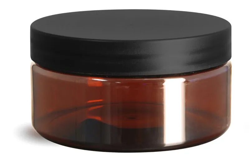 8 oz Plastic Jars, Amber PET Heavy Wall Jars w/ Frosted Black Lined Caps