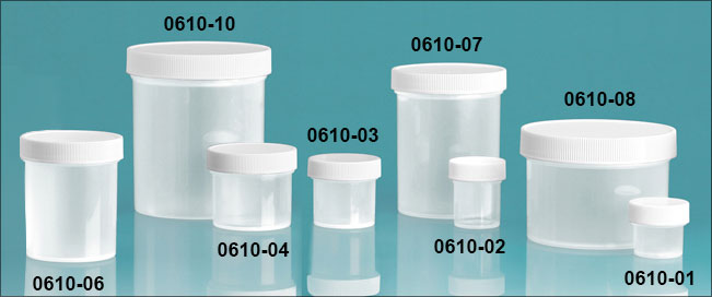 Plastic Jars, Natural Polypropylene Jars w/ White Unlined Screw Caps