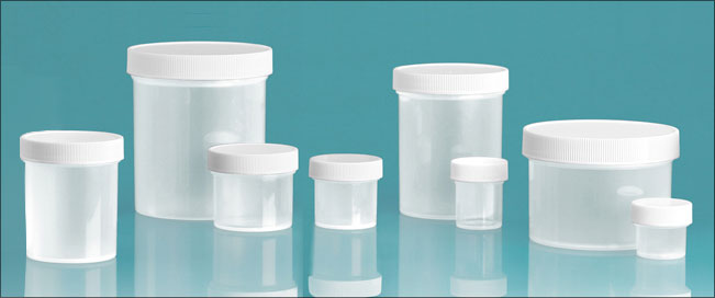 Polypropylene Plastic Jars, Natural Straight Sided Jars w/ White Unlined Screw Caps