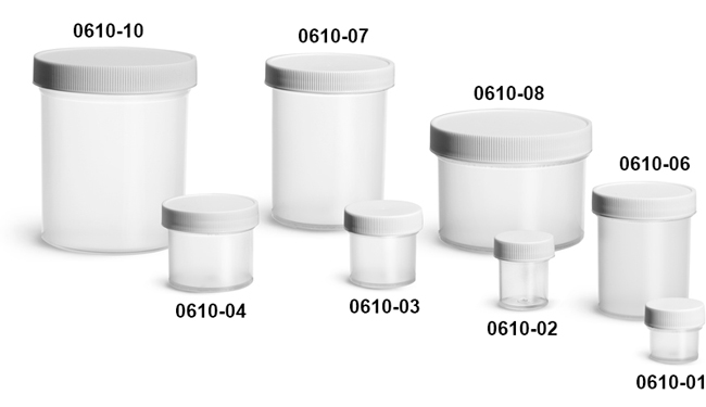 Plastic Jars, Natural Polypropylene Jars w/ White Unlined Screw Caps