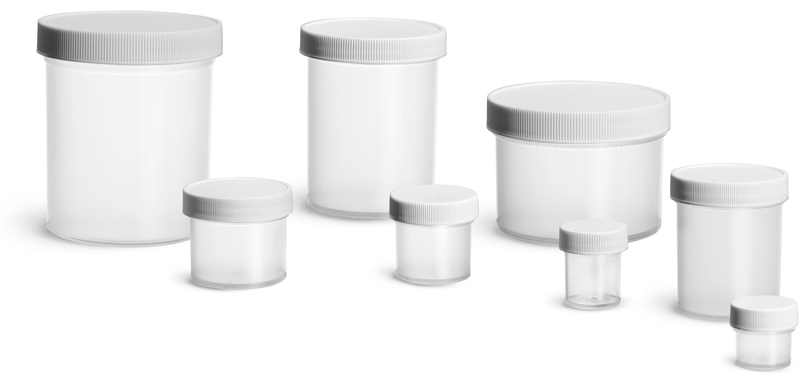 Polypropylene Plastic Jars, Natural Straight Sided Jars w/ White Unlined Screw Caps