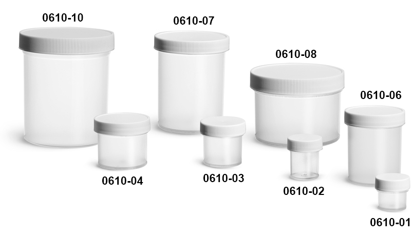 Plastic Jars, Natural Polypropylene Jars w/ White Unlined Screw Caps