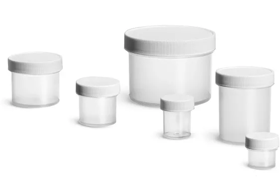 Polypropylene Plastic Jars, Natural Straight Sided Jars w/ White Unlined Screw Caps