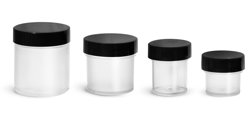 Polypropylene Plastic Jars, Natural Jars w/ Smooth Black PE Lined Caps