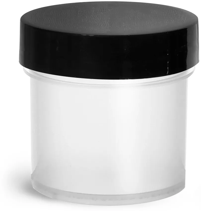 1 oz Plastic Jars, Natural Polypropylene Jars w/ Smooth Black PE Lined Caps