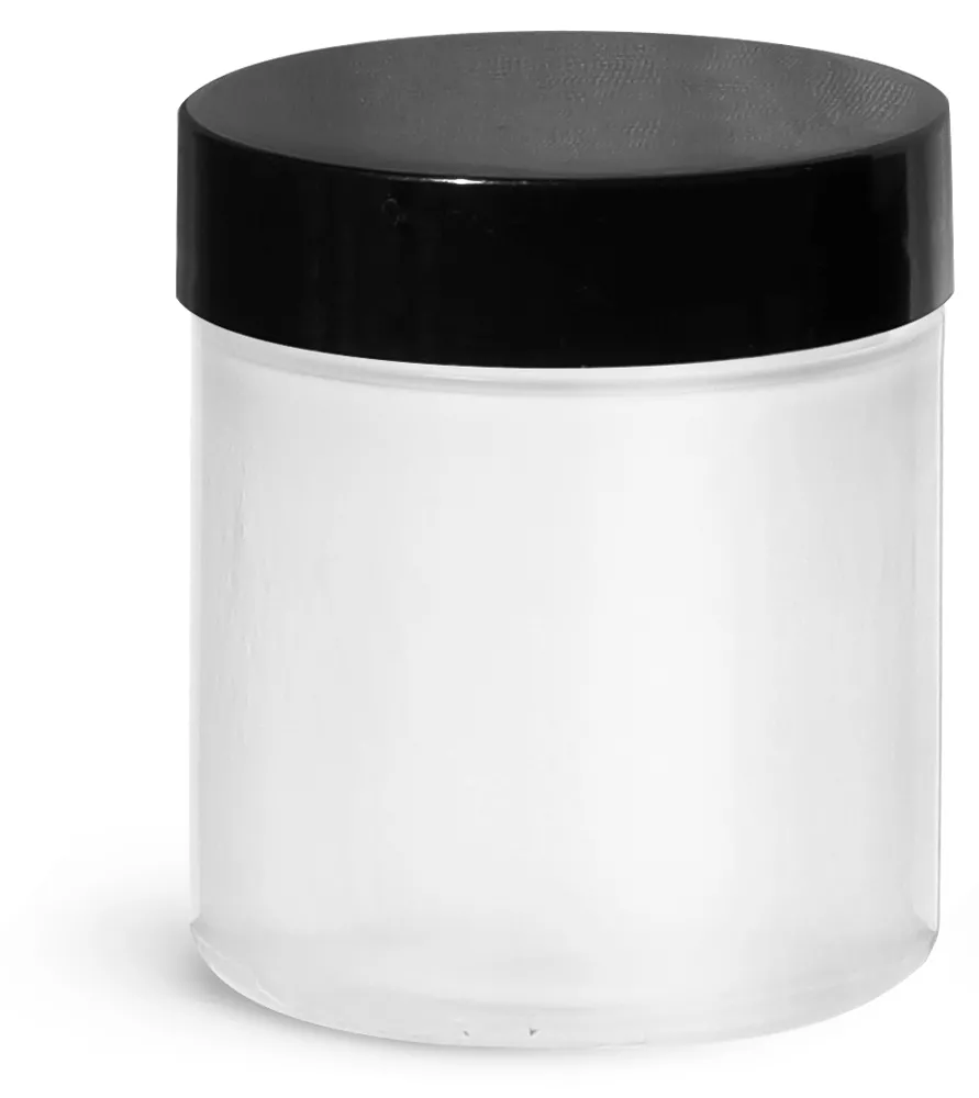 2.25 oz Plastic Jars, Natural Polypropylene Jars w/ Smooth Black PE Lined Caps