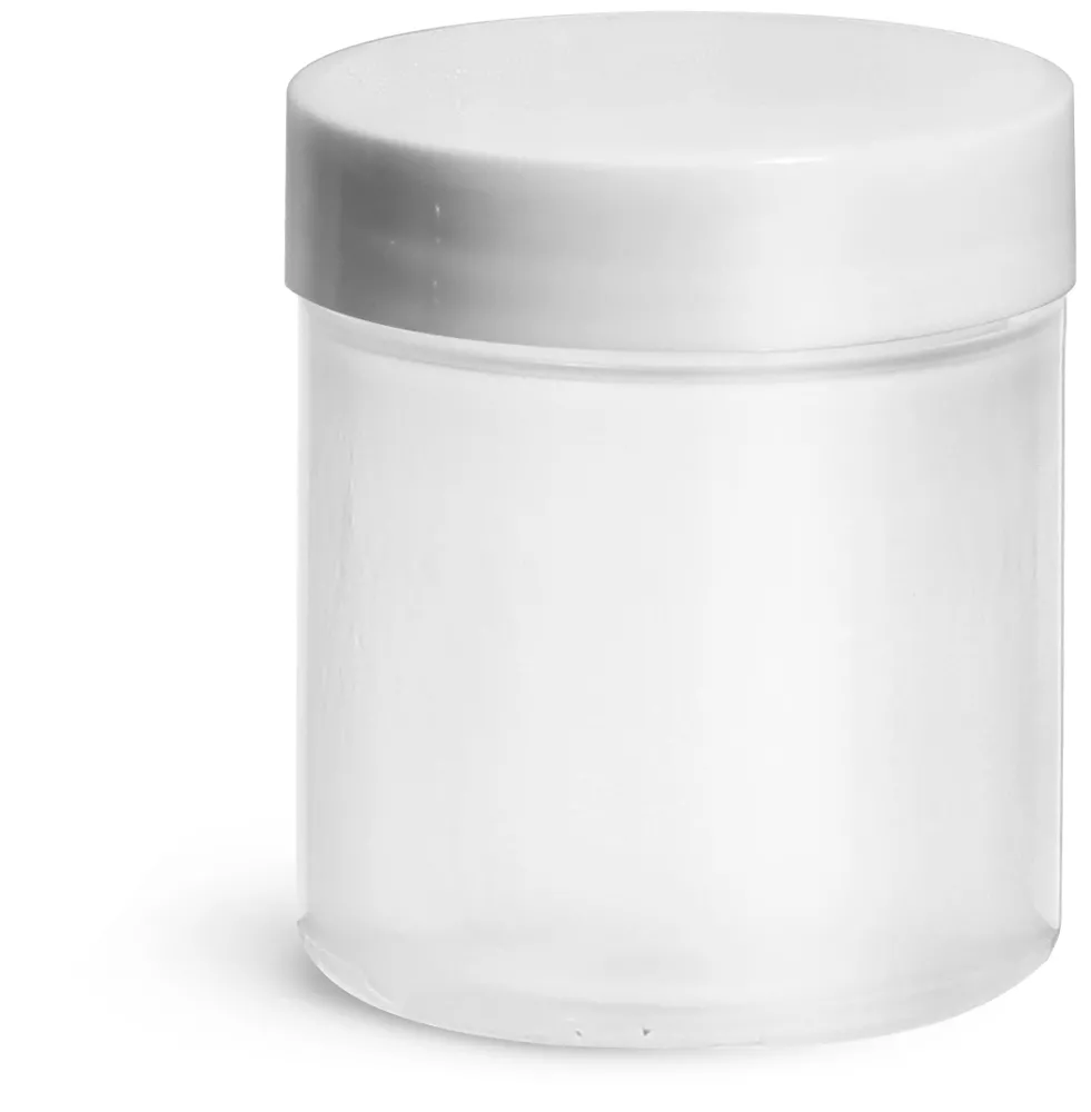 2.25 oz Plastic Jars, Natural Polypropylene Jars w/ Smooth White PE Lined Caps