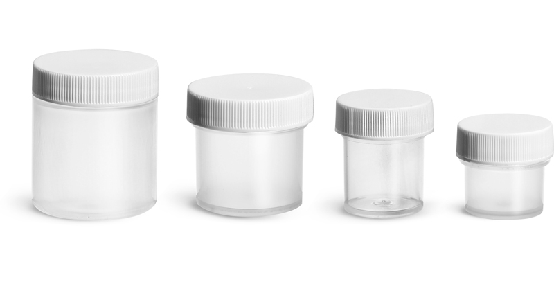 Polypropylene Plastic Jars, Natural Jars w/ Ribbed White PE Lined Caps