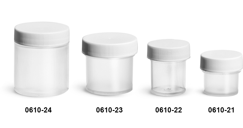 Plastic Jars, Natural Polypropylene Jars w/ Ribbed White PE Lined Caps