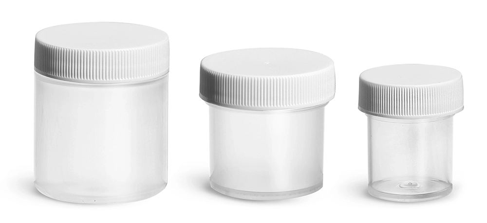 1 oz Plastic Jars, Natural Polypropylene Jars w/ Ribbed White PE Lined Caps