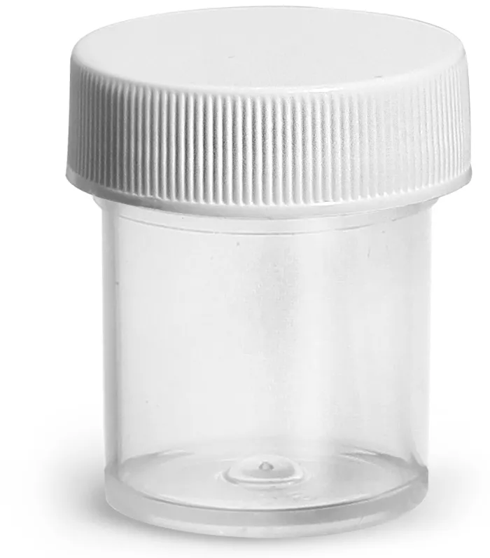 1/2 oz Plastic Jars, Natural Polypropylene Jars w/ Ribbed White PE Lined Caps