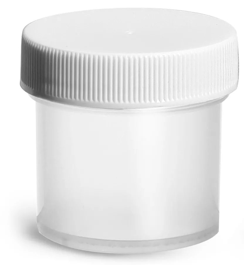 1 oz Plastic Jars, Natural Polypropylene Jars w/ Ribbed White PE Lined Caps