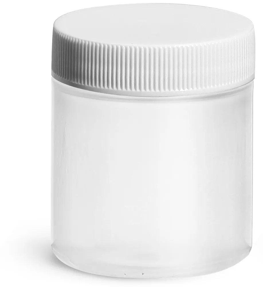 2.25 oz Plastic Jars, Natural Polypropylene Jars w/ Ribbed White PE Lined Caps