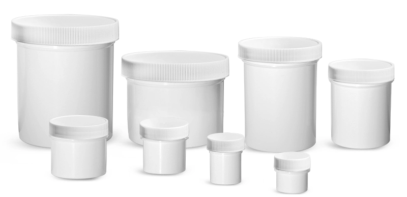 Polypropylene Plastic Jars, White Straight Sided Jars w/ Unlined Screw Caps