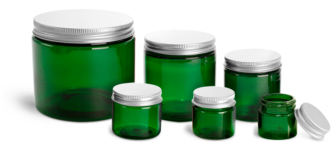 PET Plastic Jars, Green Straight Sided Jars w/ F217 Lined Aluminum Caps