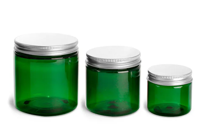 PET Plastic Jars, Green Straight Sided Jars w/ F217 Lined Aluminum Caps