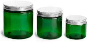 PET Plastic Jars, Green Straight Sided Jars w/ F217 Lined Aluminum Caps