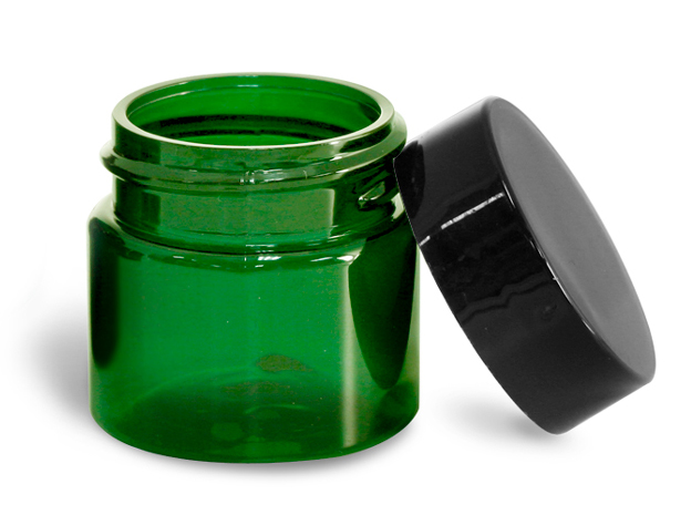 1/2 oz Green PET Straight Sided Jars w/ Black Smooth Plastic Lined Caps