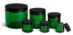 PET Plastic Jars, Green Straight Sided Jars w/ Black Smooth Plastic Lined Caps