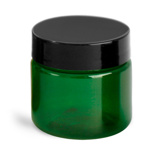 1 oz Green PET Straight Sided Jars w/ Black Smooth Plastic Lined Caps