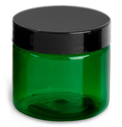 2 oz Green PET Straight Sided Jars w/ Black Smooth Plastic Lined Caps