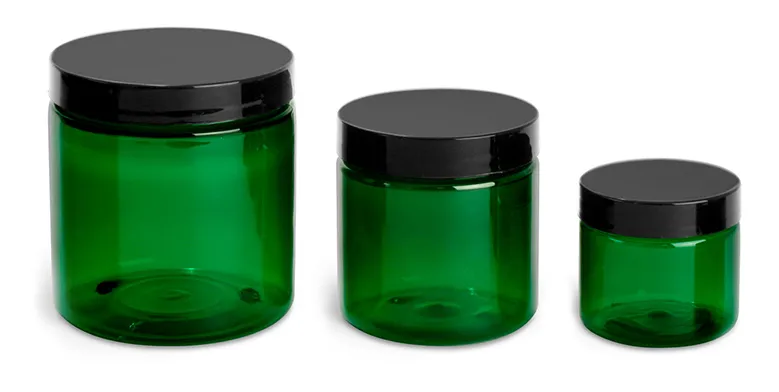PET Plastic Jars, Green Straight Sided Jars w/ Black Smooth Plastic Lined Caps
