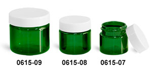 Plastic Jars, Green PET Straight Sided Jars w/ White Smooth Plastic Lined Caps