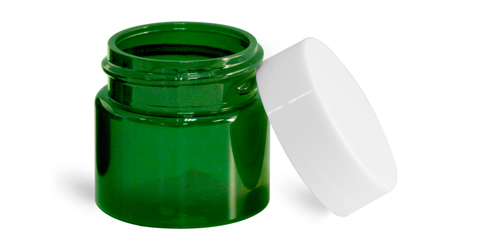 1/2 oz Green PET Straight Sided Jars w/ White Smooth Plastic Lined Caps