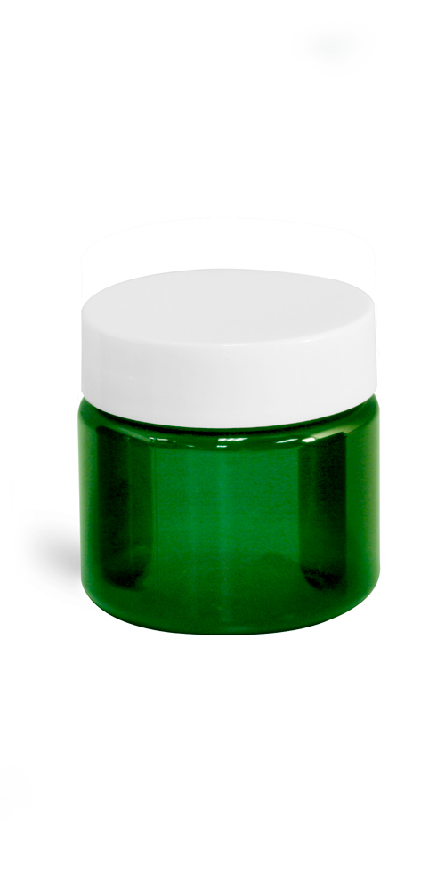 1 oz Green PET Straight Sided Jars w/ White Smooth Plastic Lined Caps