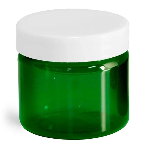 2 oz Green PET Straight Sided Jars w/ White Smooth Plastic Lined Caps