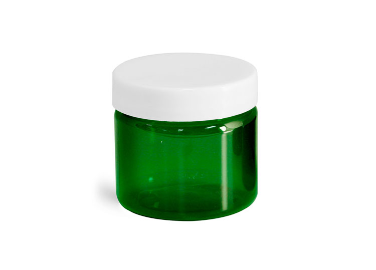 2 oz Green PET Straight Sided Jars w/ White Smooth Plastic Lined Caps