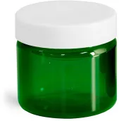 PET Plastic Jars, Green Straight Sided Jars w/ White Smooth Plastic Lined Caps