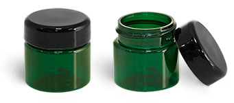 PET Plastic Jars, Green Straight Sided Jars w/ Lined Black Dome Caps