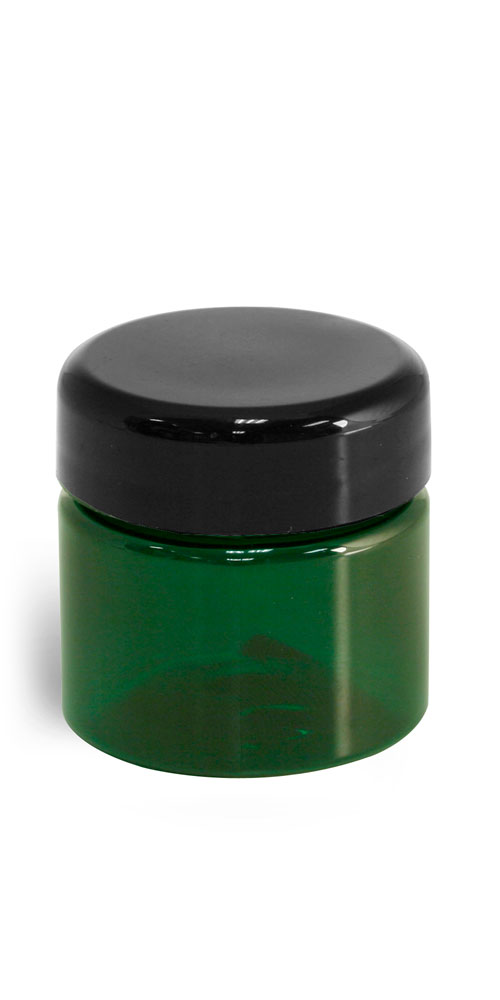 1/2 oz Plastic Jars, Green PET Straight Sided Jars w/ Lined Black Dome Caps
